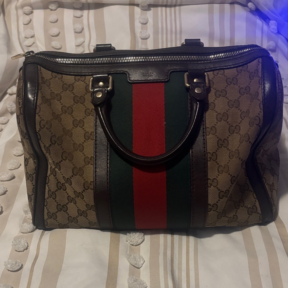 Gucci Tan Monogram Duffel with Red and Green Accents